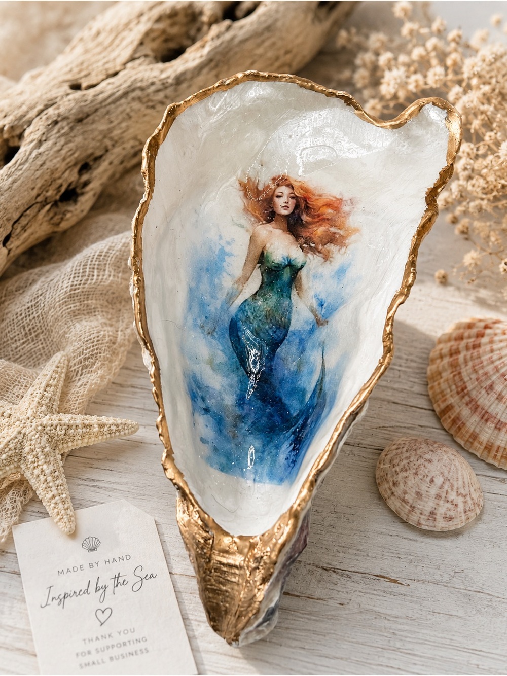 Hand-Painted Mermaid Oyster Shell Decor - Blue & Gold